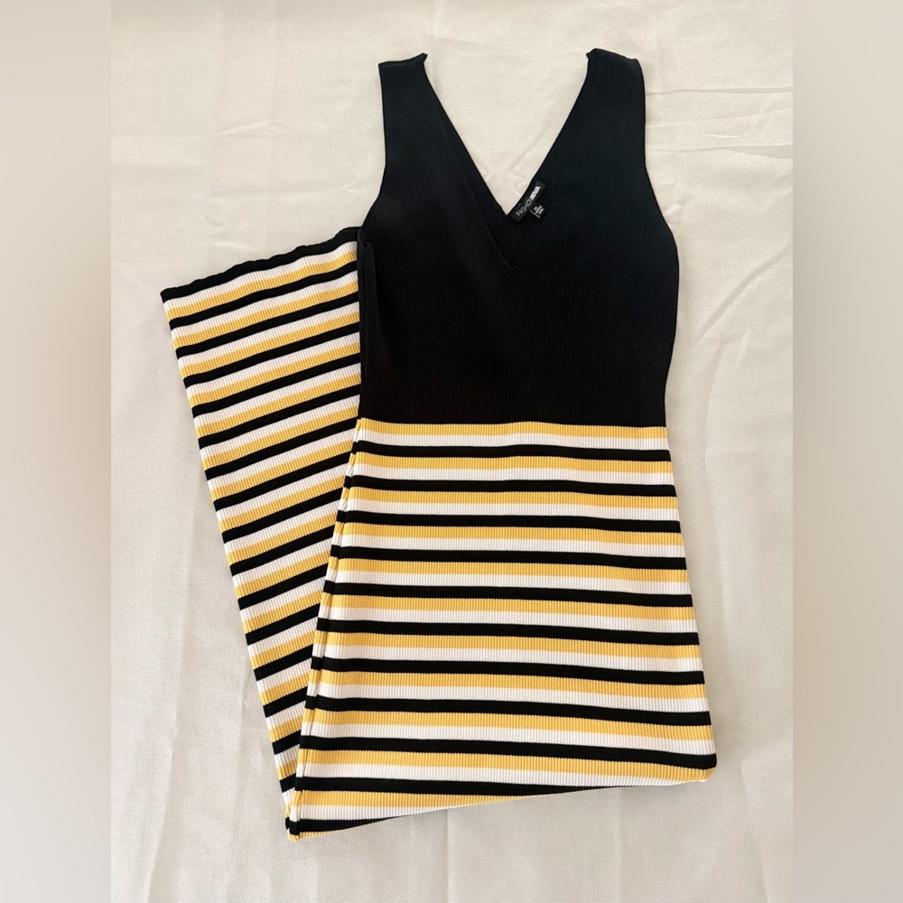 Fashion Nova Festival Black and Yellow Striped Midi Dress Body Con Size XL